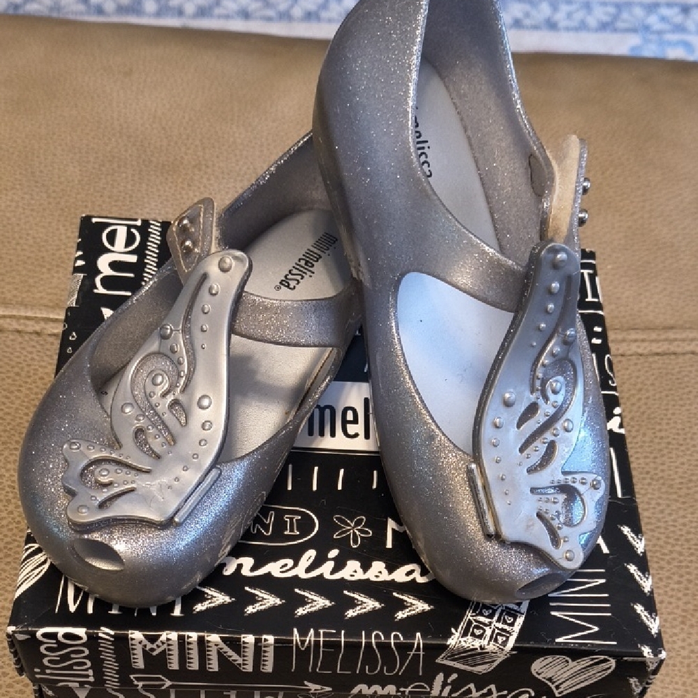 Mini Melissa Glittery Silver Butterfly Mary Janes GUC Sz 10.